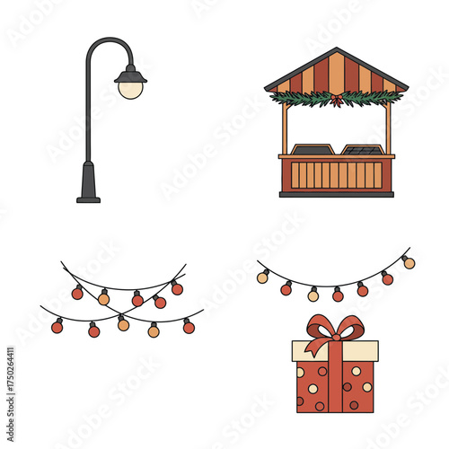 Christmas street market stand with fairy lights, festive garlands, and outdoor lamp decorations