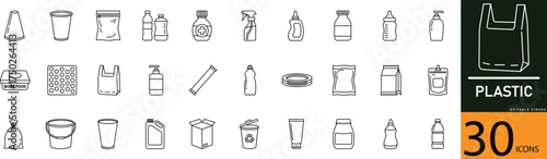 Minimal Plastic Line Icon Set 30 Outline Symbols for Recycling, Waste, and Environment Design