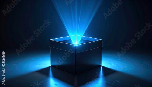 A metallic cube emits bright blue light beams upwards in a dark, futuristic setting, creating a dramatic and mysterious effect.
