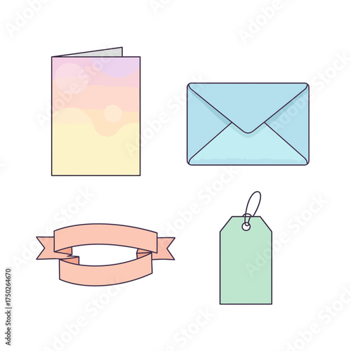 Pastel Stationery Icons – Letter, Tag, and Envelopes in Soft Colors Illustration