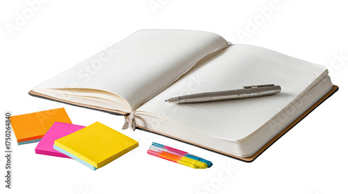 Open notebook with pen and sticky notes for study and organization on transparent background