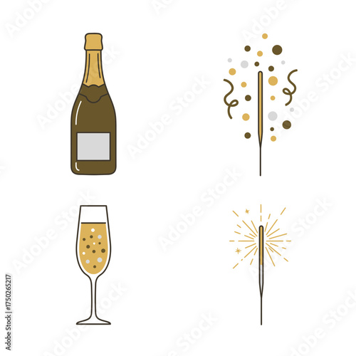 Champagne bottle and sparkling fireworks icons for elegant new year and festive celebration scenes