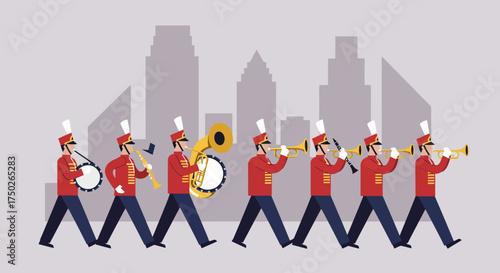 This flat design vector captures a uniformed marching band moving in rhythmic precision along a city street, embodying the musical energy of the Macy's Thanksgiving Day Parade. The illustration uses c