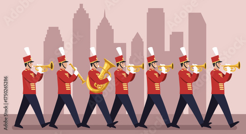 This flat design vector captures a uniformed marching band moving in rhythmic precision along a city street, embodying the musical energy of the Macy's Thanksgiving Day Parade. The illustration uses c