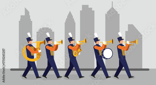 This flat design vector captures a uniformed marching band moving in rhythmic precision along a city street, embodying the musical energy of the Macy's Thanksgiving Day Parade. The illustration uses c