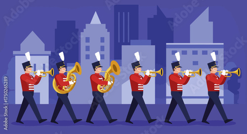 This flat design vector captures a uniformed marching band moving in rhythmic precision along a city street, embodying the musical energy of the Macy's Thanksgiving Day Parade. The illustration uses c