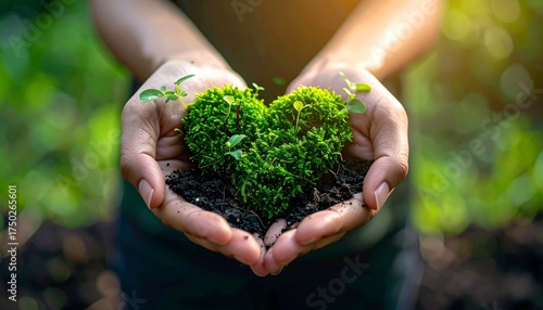 ハート型の苔を両手で持っている、地球や環境を考えるイメージ　AI生成素材