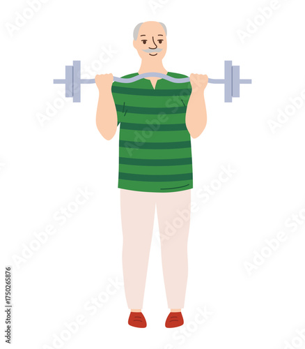 Older men do sports strength training barbell exercises. Muscle growth health improvement. Elderly people character workout cartoon vector. Therapeutic sport old men. Adult senior fitness barbell gym