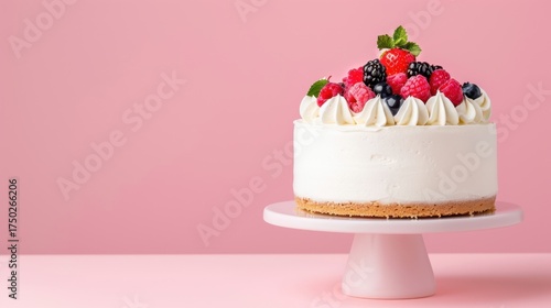 Delicious white cake topped with fresh berries and mint leaves on a pink background for festive occasions and celebrations
