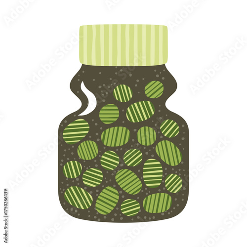 Bottle with pills vitamin capsules supplements cartoon vector illustration. Ayurveda medicine symbol. Pharmaceutical alternative medicine medical ayurvedic remedy pharmaceutical flat design