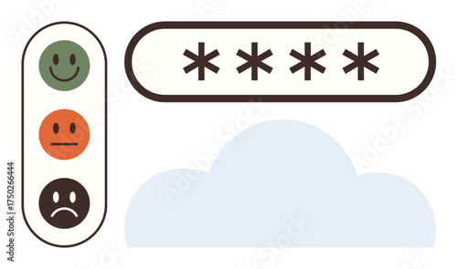 Password field with asterisks, cloud shape, and vertical emotion scale for user feedback. Ideal for security, feedback, cloud computing, user experience, evaluation, data access simple flat metaphor