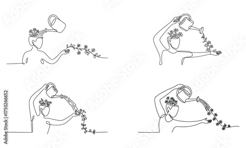 Continuous line drawing of person watering flowers growing from head representing creativity and growth 
