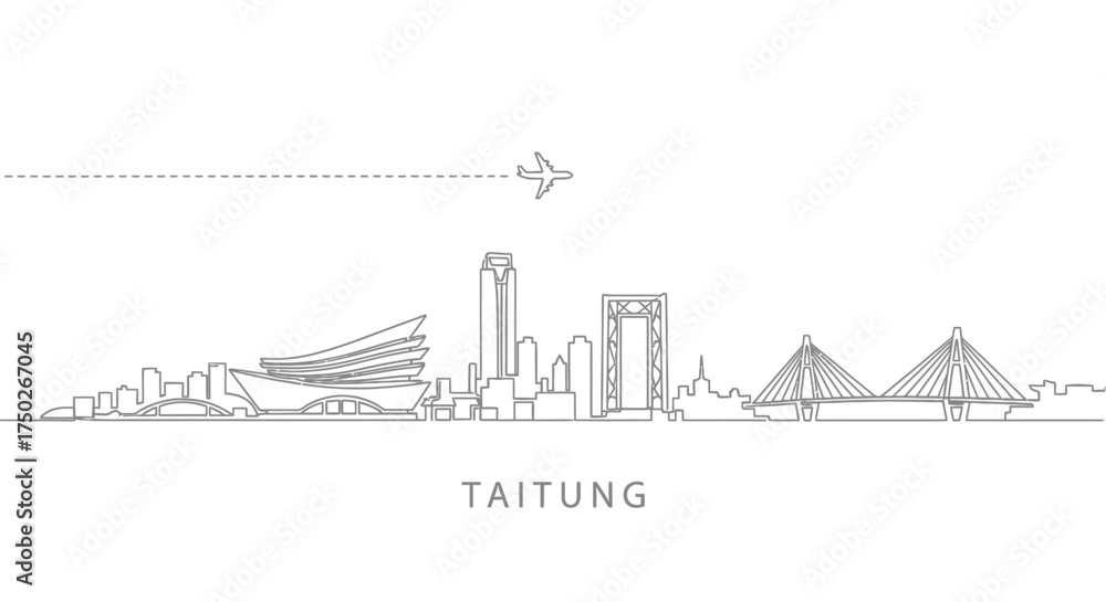 Obraz premium Taitung City Skyline with Airplane and Dashed Line