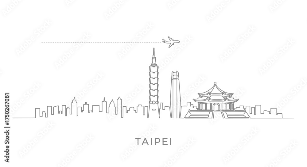 Obraz premium Taipei Cityscape Line Art with Airplane Icon