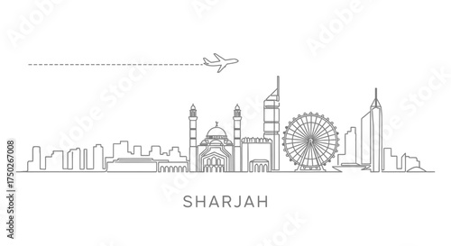 Sharjah Skyline with Airplane and Ferris Wheel Line Art