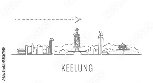 Keelung Skyline Outline with Statue of Liberty and Airplane