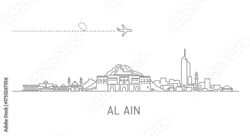 Al Ain Skyline with Airplane and Mountain Outline