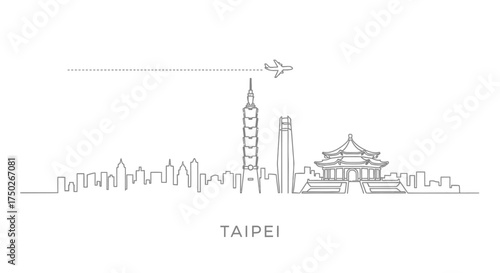 Taipei Cityscape Line Art with Airplane Icon