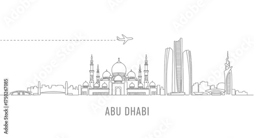 Abu Dhabi Skyline Line Art with Airplane and Cityscape