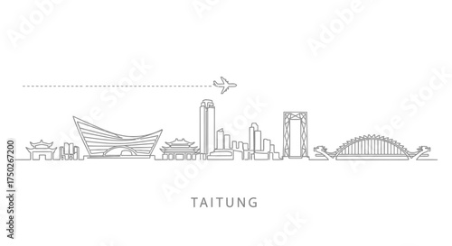 Taitung Taiwan Cityscape Skyline Line Art with Airplane and Dragon Bridge