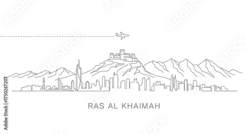 Ras Al Khaimah Skyline Line Art with Fortress and Airplane