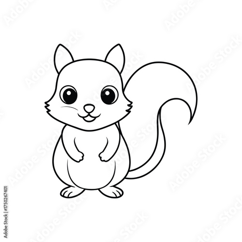 Black and white cartoon-style drawing of smiling squirrel with bushy tail, cute animal illustration for kids coloring or education