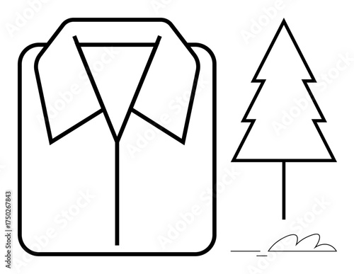 Collared shirt and pine tree outline represent eco-friendly fashion and nature preservation. Ideal for sustainability, clothing manufacturing, zero waste, minimalism, environment, recycling, simple