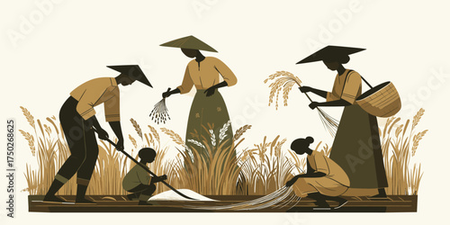 Harvesting Rice A depiction of farmers in a field, carefully gathering the grain during the harvest season