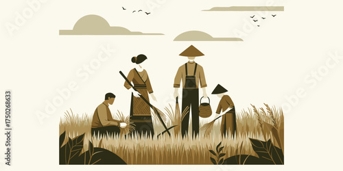 A traditional farming family with conical hats harvesting crops in a rural agricultural landscape illustration