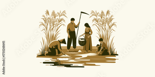 An illustrative depiction of a family of traditional farmers working together in a tranquil paddy field during harvest season