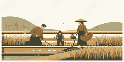 Farmers working in rice paddies under a soft, hazy sky, showcasing traditional agricultural practices and rural life