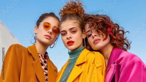 Wallpaper Mural Fashionable young women in colorful outfits pose outdoors against a bright blue sky, showcasing modern style and beauty trends Torontodigital.ca