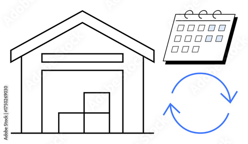 Warehouse with stacked boxes, calendar, and circular arrows symbolizing supply chain, inventory rotation, scheduling. Ideal for business, logistics, storage, planning e-commerce operations
