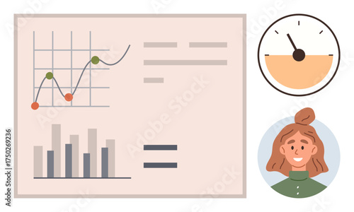Graph with line and bar charts, efficiency gauge, and team member portrait. Ideal for data analysis, productivity tracking, teamwork, performance review, growth, planning simple flat metaphor