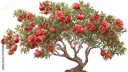 Floating pomegranate tree with red flowers and small fruits on transparent background