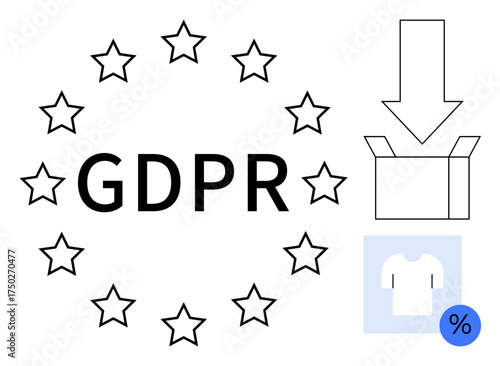 GDPR text encircled by stars, open box with downward arrow, shirt with discount tag. Ideal for data privacy, security, regulation, e-commerce, transparency, customer trust and simple flat metaphor