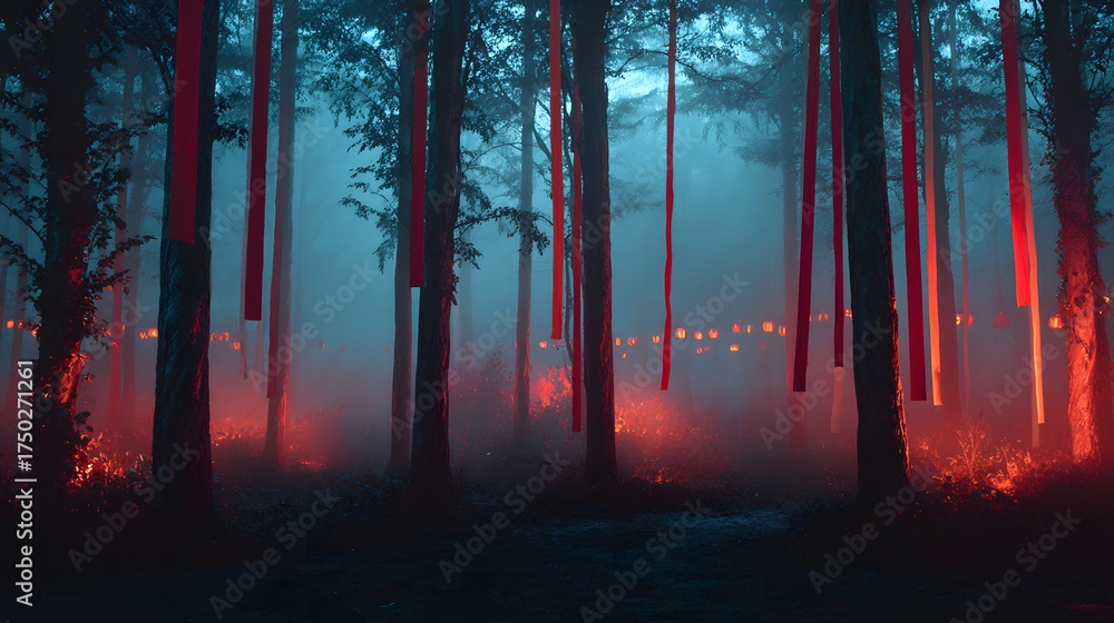 Naklejka premium Atmospheric forest with red ribbons and fog background photography for wallpaper art