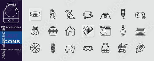 A set of editable stroke icons featuring pet accessories such as collars, leashes, toys, beds, and grooming tools. Perfect for pet shops, care apps, and animal product branding.