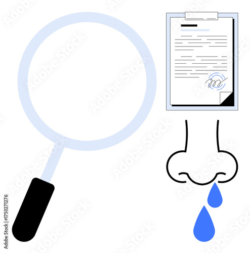 Magnifying glass, document with a signature, and a runny nose image. Ideal for research, compliance, attention to detail, health awareness, hygiene risk analysis medical studies. A simple flat