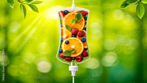 Vitamin infusion drip with fresh citrus fruits and berries representing health and energy  
