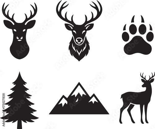 Silhouette Collection: A set of elegant silhouettes, featuring a majestic stag with prominent antlers, a bold bear paw print, a towering evergreen tree, a picturesque mountain range.