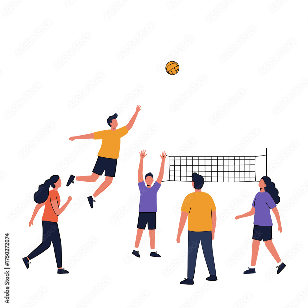 Fototapeta premium Diverse group of people playing a competitive game of volleyball on a court with a net and ball.