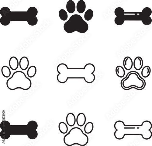 Dog Paw and Bone Icons: An array of minimalist dog paw prints and bone symbols. These simple, black-and-white icons are perfect for any pet-related project.