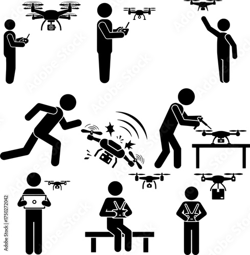 Drone User Stick Figures Icons Set