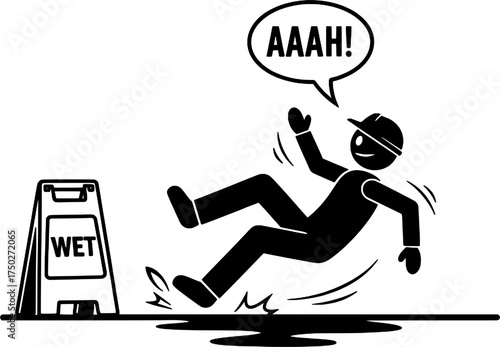 Man Slipping on Wet Floor with Caution Sign Stick Figure Icon