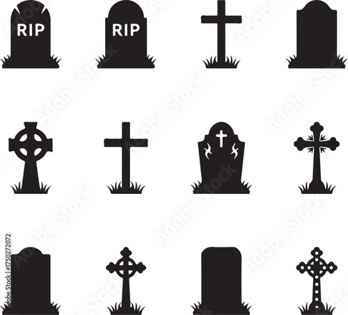 Graveyard Icons: A collection of minimalistic graveyard icons featuring tombstones and crosses, conveying the solemnity and memory associated with remembrance.