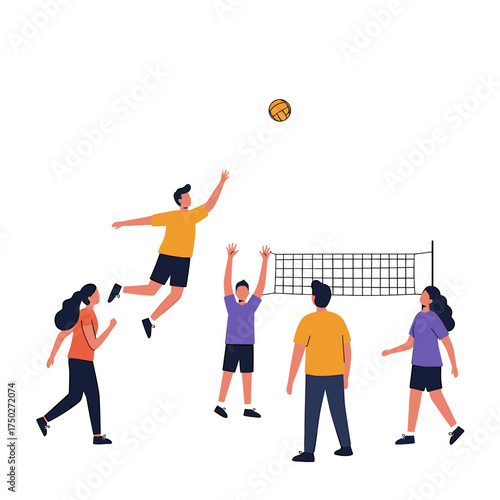 Diverse group of people playing a competitive game of volleyball on a court with a net and ball.