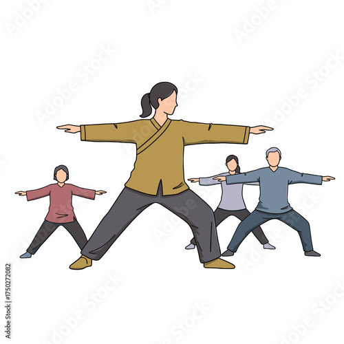 Diverse group of people practicing a synchronized martial arts exercise together.