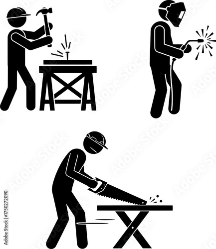Construction Worker Welding and Carpentry Stick Figures Icon Set