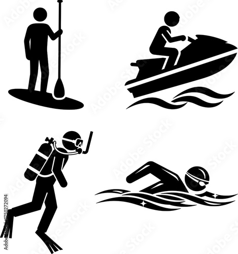 Water Sports and Aquatic Activities Stick Figures Icon Set